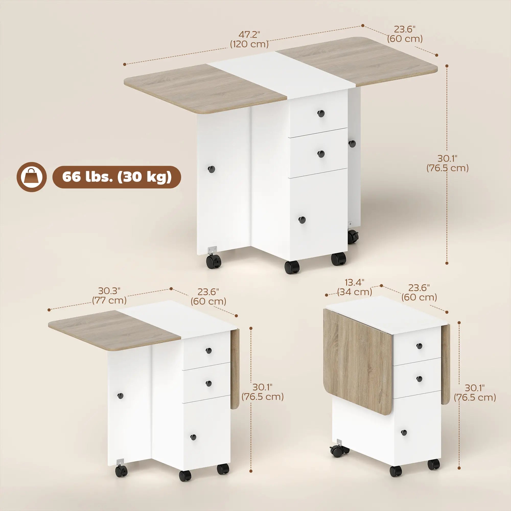 Mobile Drop Leaf Dining Table On Wheels, White And Oak, White Dining Tables at Gallery Canada