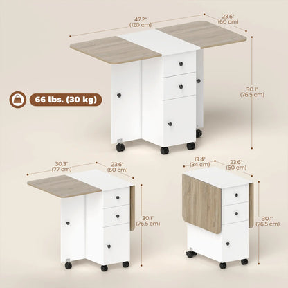Mobile Drop Leaf Dining Table On Wheels, White And Oak, White Dining Tables at Gallery Canada