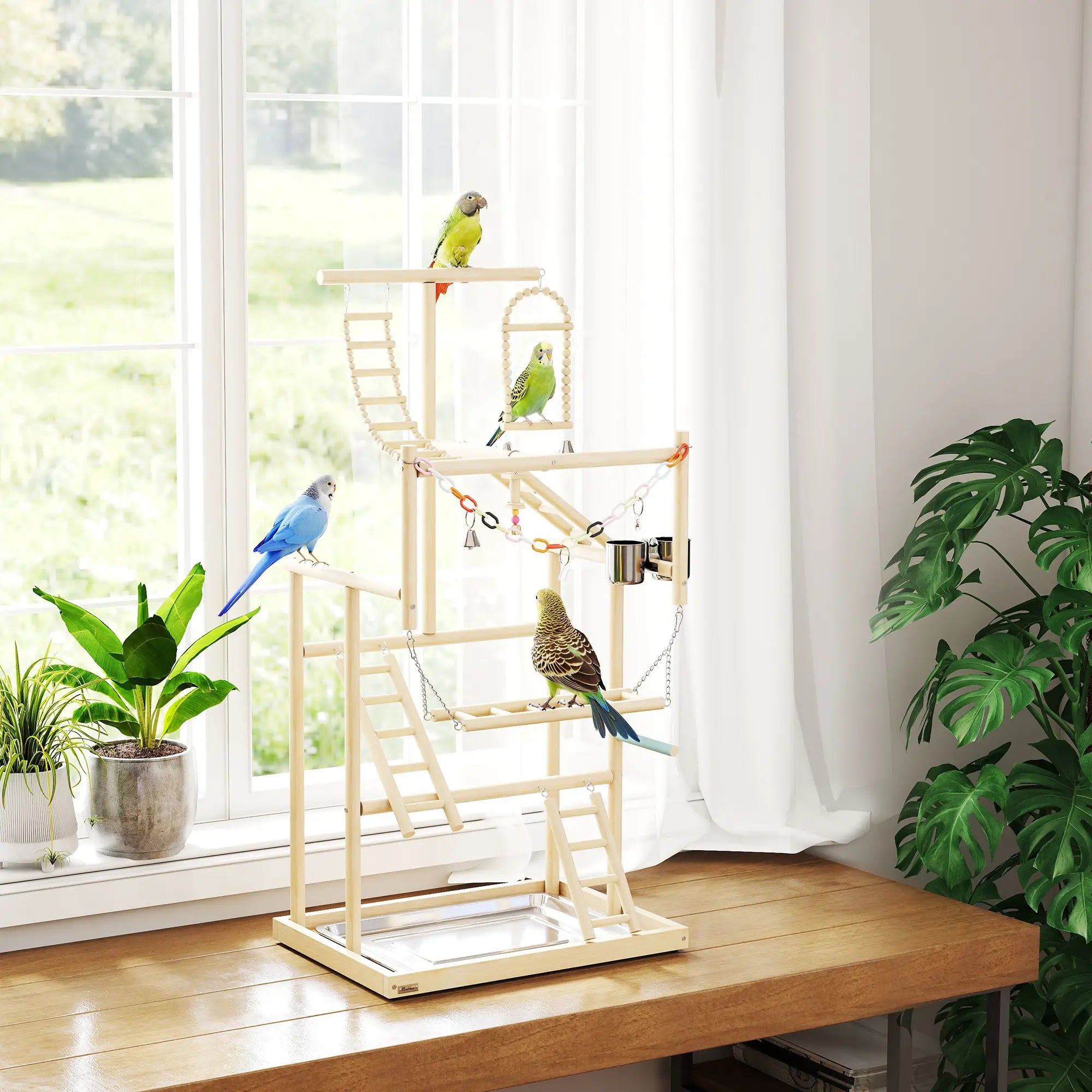 Bird Playground, 4 Layer Wooden Play Stand, Ladders, Chain Toy, Stainless Steel Cups Bird Cages at Gallery Canada