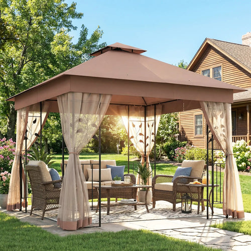 10'x10' Dark Brown Steel Patio Gazebo, Soft-Top Sun Shelter, Dark Brown