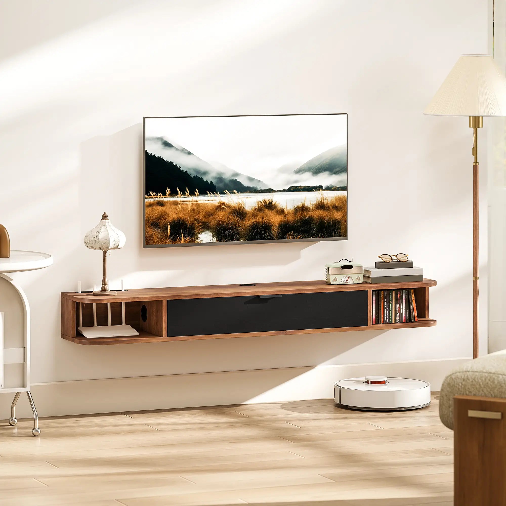 55 Inch Floating TV Stand, Wall Mounted Media Console, Walnut TV Stands at Gallery Canada