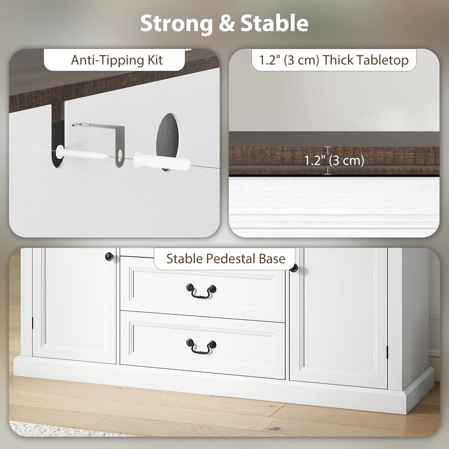 Farmhouse Sideboard with Charging Station, 58" Buffet Cabinet, White Storage Cabinets at Gallery Canada