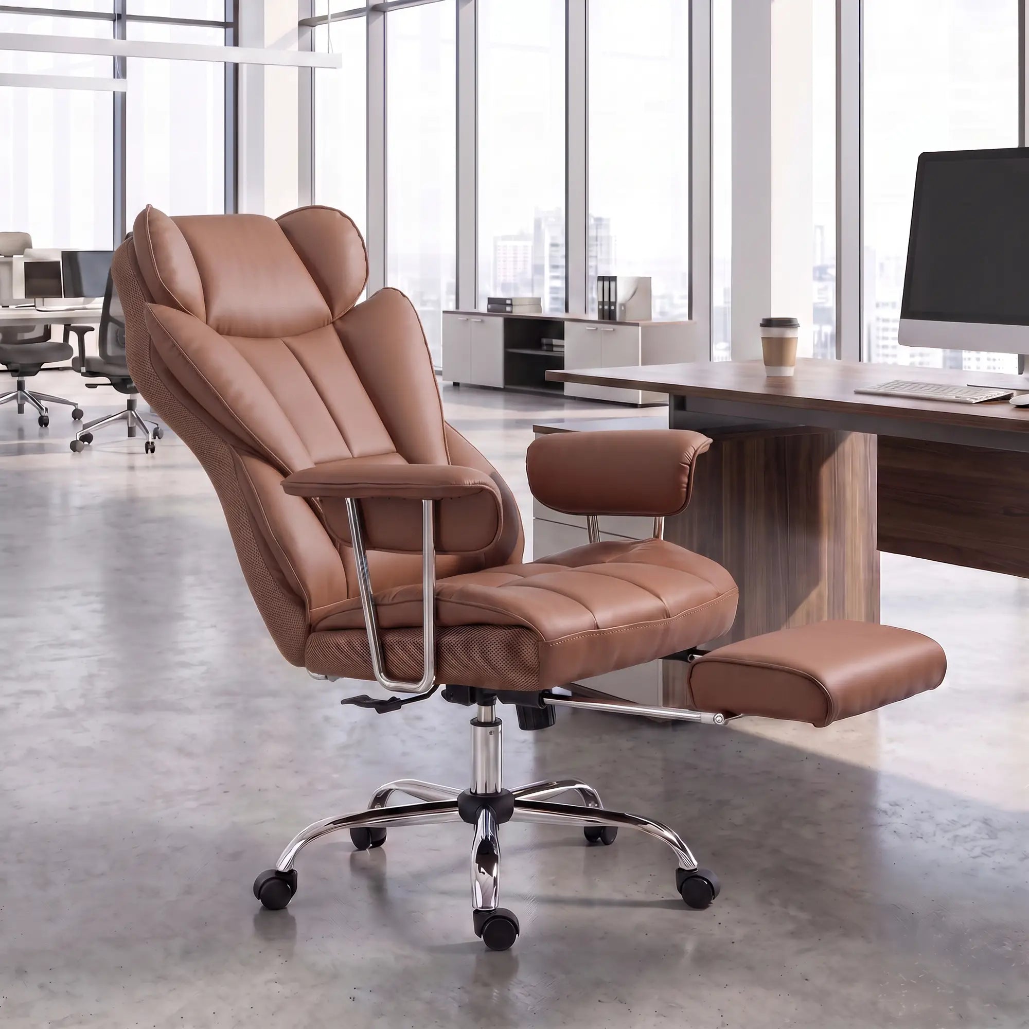 400LBS Massage Office Chair, 6-Point Vibration, Footrest, Lumbar Support, Brown Massage Chairs at Gallery Canada