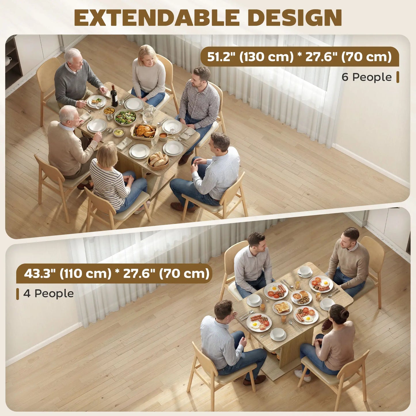 Extendable Dining Table, 43.3"-51.2", Natural Wood, 6 Shelves Dining Tables at Gallery Canada