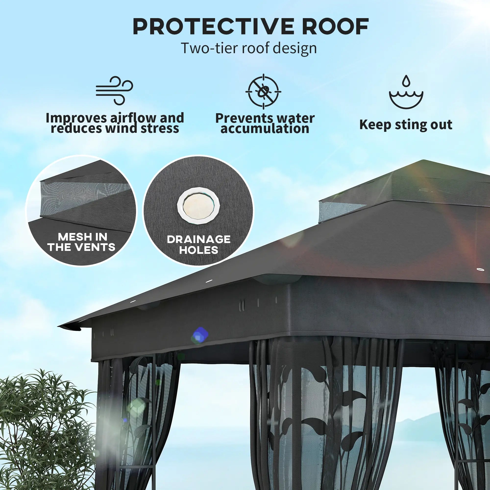 10' x 10' Outdoor Gazebo, UV30+ Double Roof, with Shelves and Netting Gazebos at Gallery Canada
