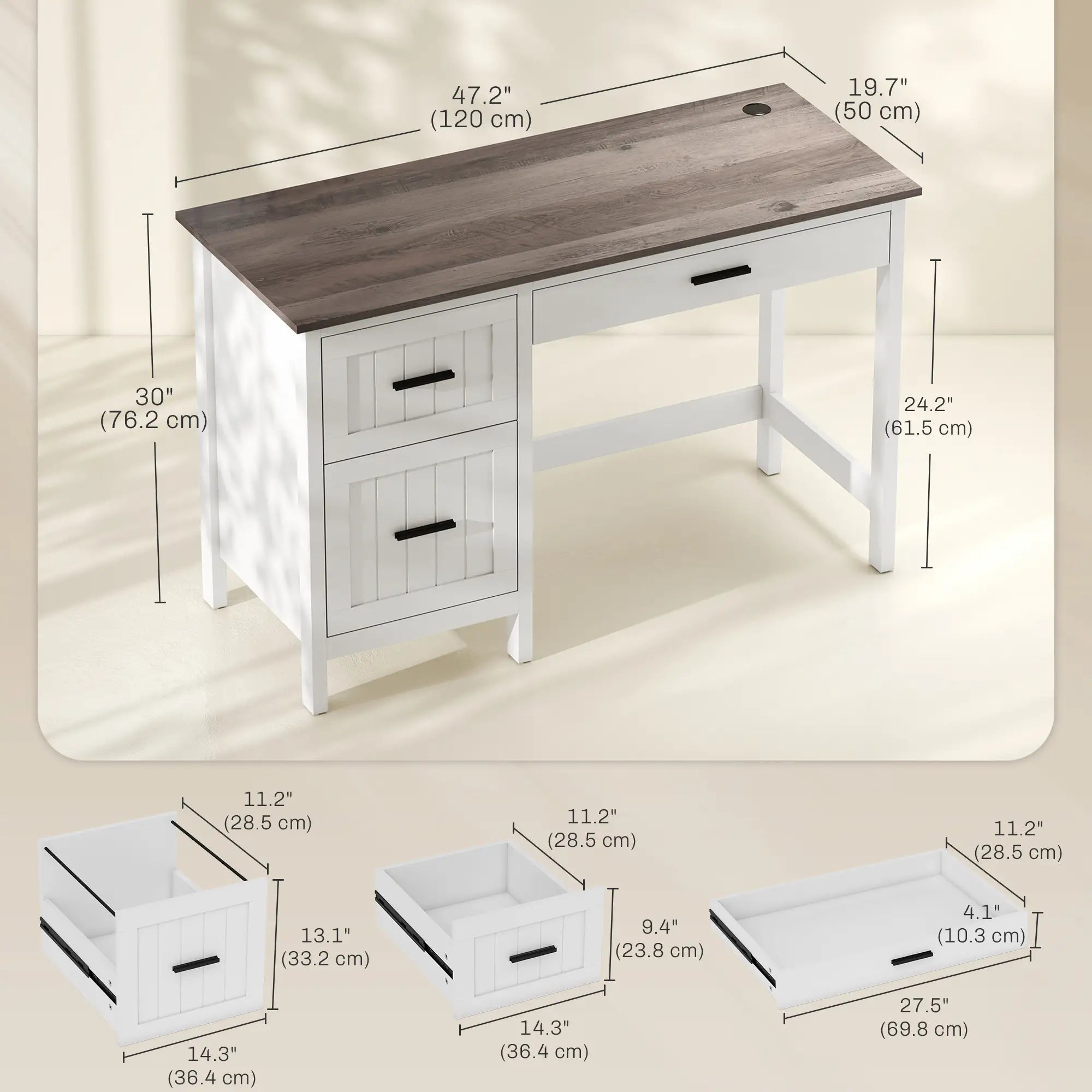 Farmhouse Computer Desk, 3 Drawers, Wood Grain Top, White Computer Desks at Gallery Canada