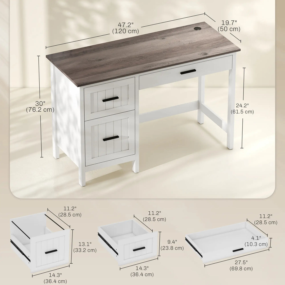 Farmhouse Computer Desk, 3 Drawers, Wood Grain Top, White Computer Desks at Gallery Canada