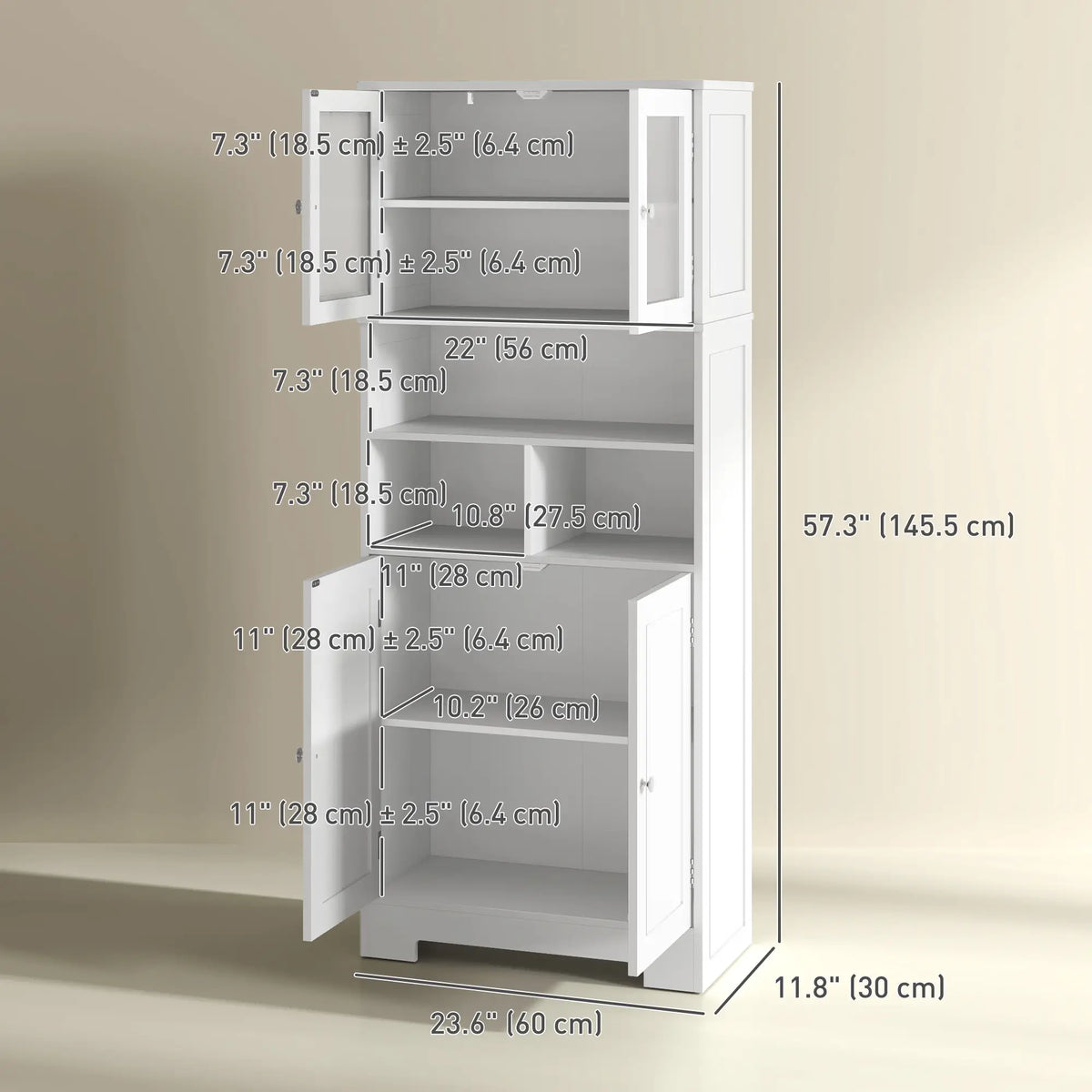 57" Kitchen Pantry, Freestanding Cabinet, Glass Doors, Adjustable Shelves, White Kitchen Pantry Cabinets at Gallery Canada