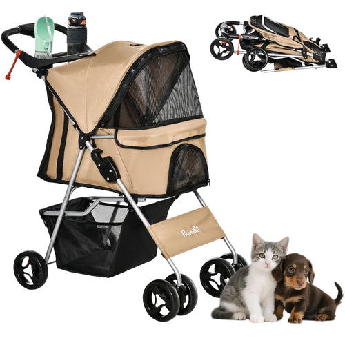 Foldable Pet Stroller, 4 Wheels, Storage Basket, Cup Holder, Coffee