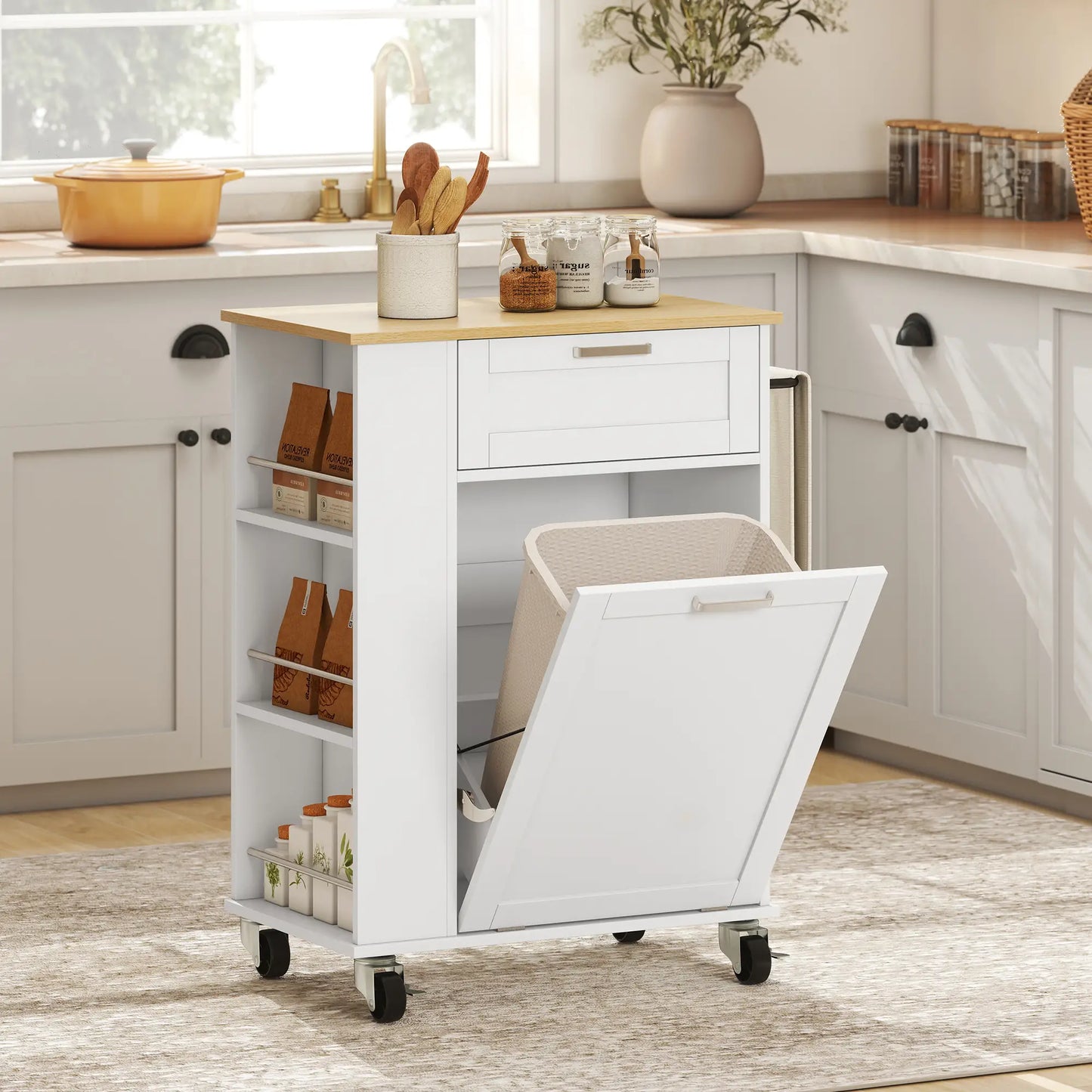 Rolling Kitchen Island with Trash Can Storage, Spice Rack, Drawer, White Kitchen Islands & Kitchen Carts at Gallery Canada