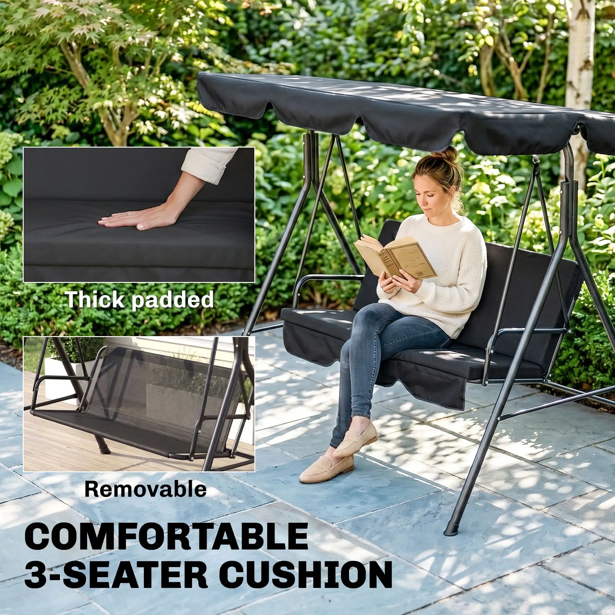 3-Seater Outdoor Porch Swing With Canopy, Black Patio Swings with Stand at Gallery Canada