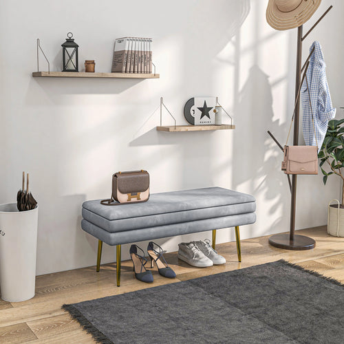 Velvet Upholstered Bench, Thick Padded Seat, Steel Legs, Dark Grey