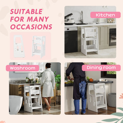 Toddler Kitchen Helper, 2 Step Stool, Adjustable Height, Safety Rail, White Toddler & Kids Step Stools at Gallery Canada