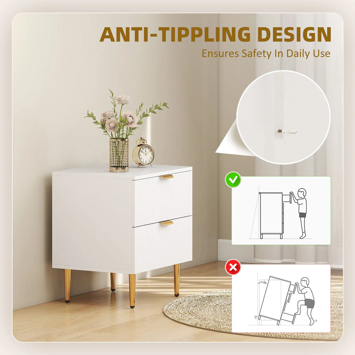 Modern Nightstand With 2 Drawers, Metal Legs For Bedroom, White Bedside Tables at Gallery Canada
