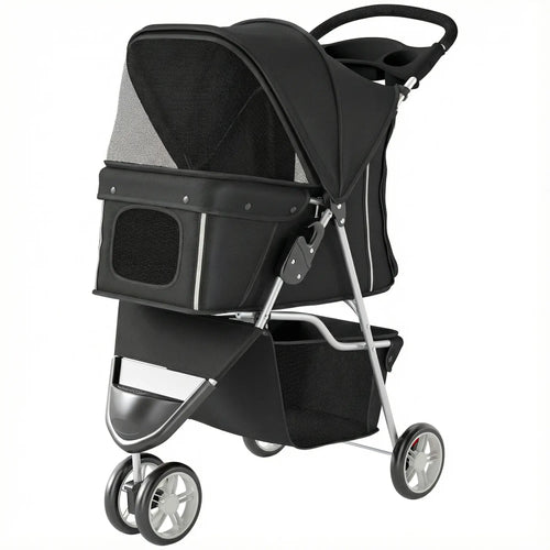 3 Wheel Foldable Dog Stroller, Storage Basket, Adjustable Canopy, Black
