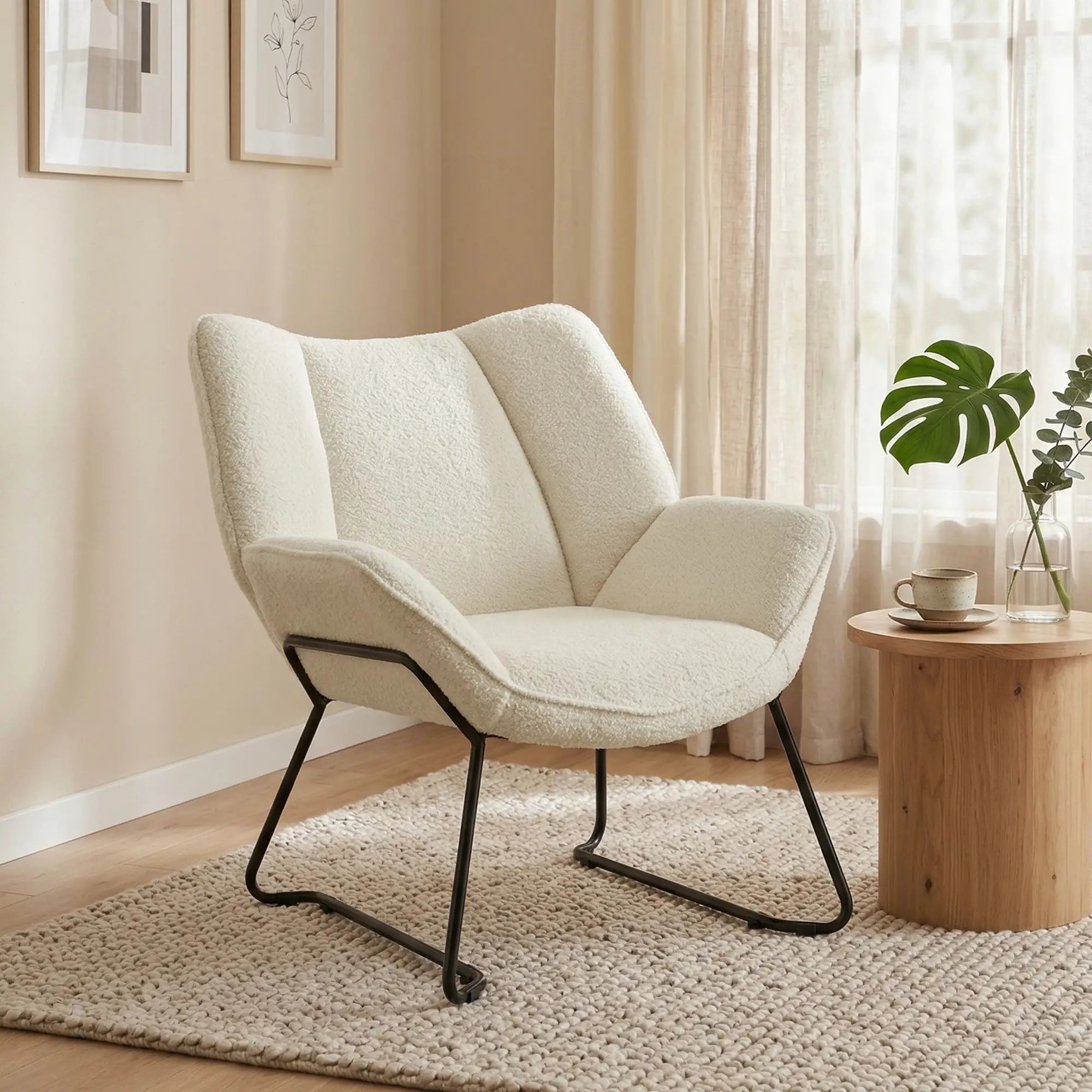 Accent Chair, Sherpa Fleece Armchair with Wide Backrest and Metal Legs, White Accent Chairs at Gallery Canada