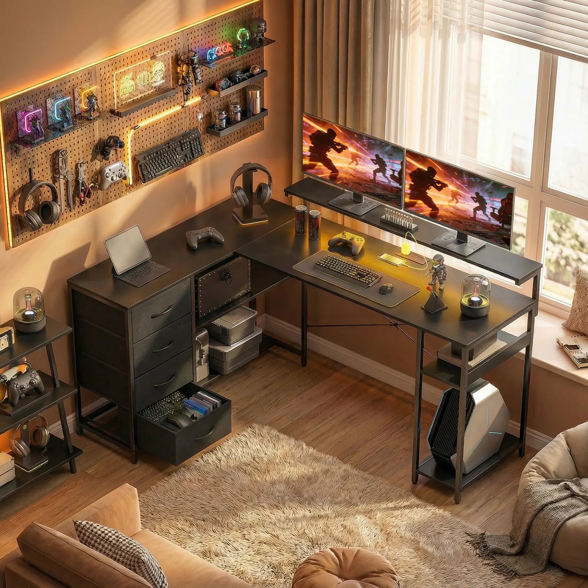 Gaming Desk With Power Outlets, LED Lights, Drawers, Monitor Stand, 61