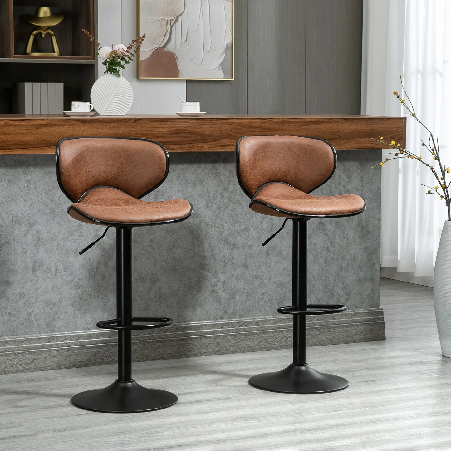 Vintage Set of 2 Adjustable Bar Stools, Swivel Seat, Brown Bar Stools at Gallery Canada