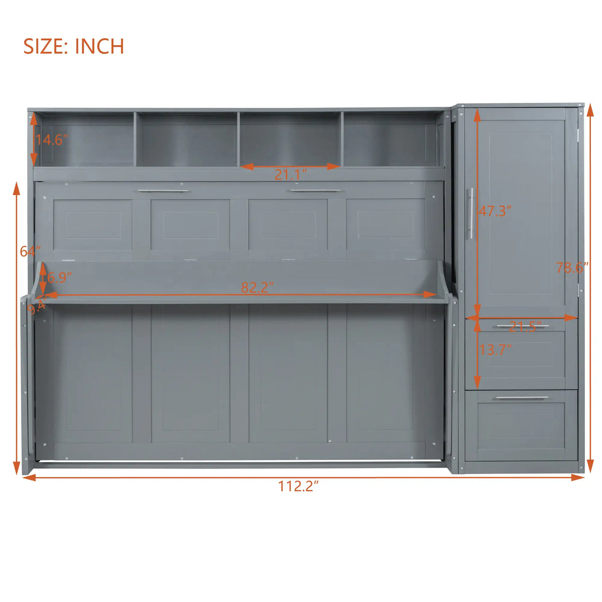 Murphy Bed with Closet, Drawers, 112" L x 21.5" W x 78.5" H, Grey Bed Frames at Gallery Canada