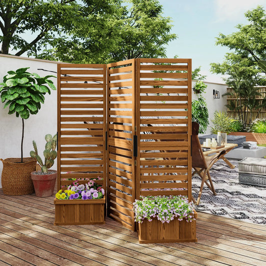 Outdoor Privacy Screen, Wood Panel with 4 Planter Boxes, Raised Bed, 3 Panels Side Awnings Natural at Gallery Canada