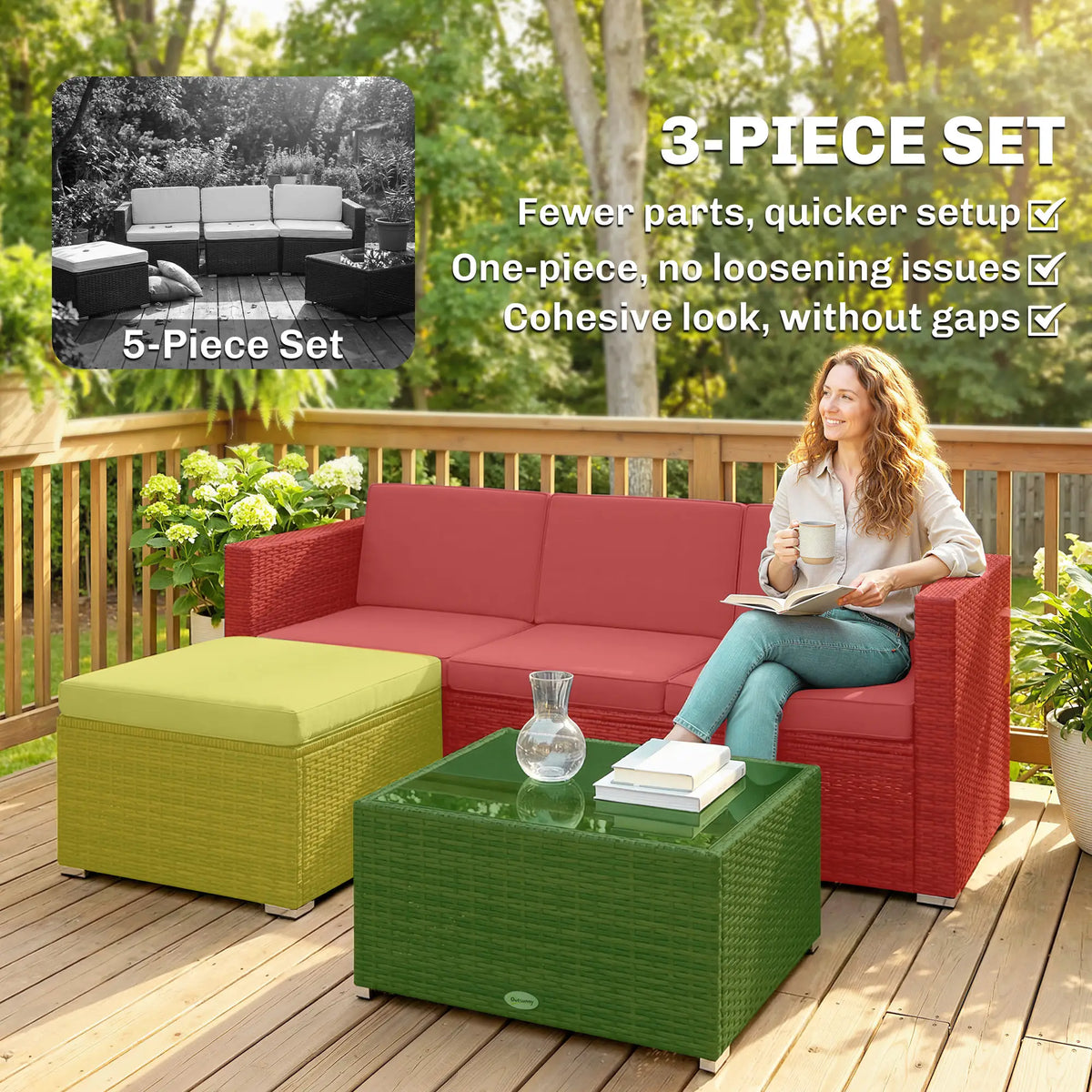 3-Piece Patio Furniture Set With Cushions, Outdoor Rattan Sofa With Glass Table