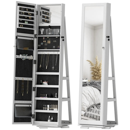 360° Swivel Jewelry Armoire, Lockable Mirror Cabinet, White