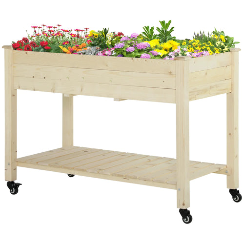 Mobile Raised Garden Bed, Wood Planter Box w/ Wheels, Storage Shelf, Natural