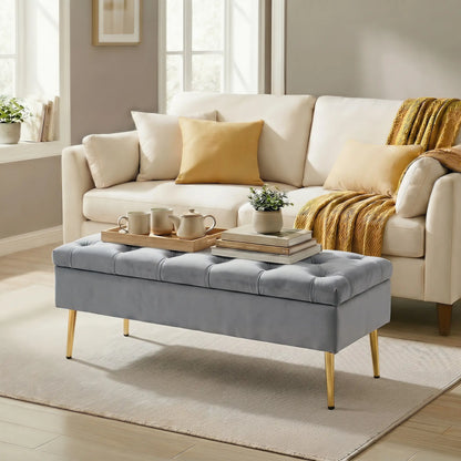Upholstered Bedroom Bench with Gold Tone Metal Legs, Velvet Tufted and Thick Padding, Grey Storage Ottomans & Benches at Gallery Canada