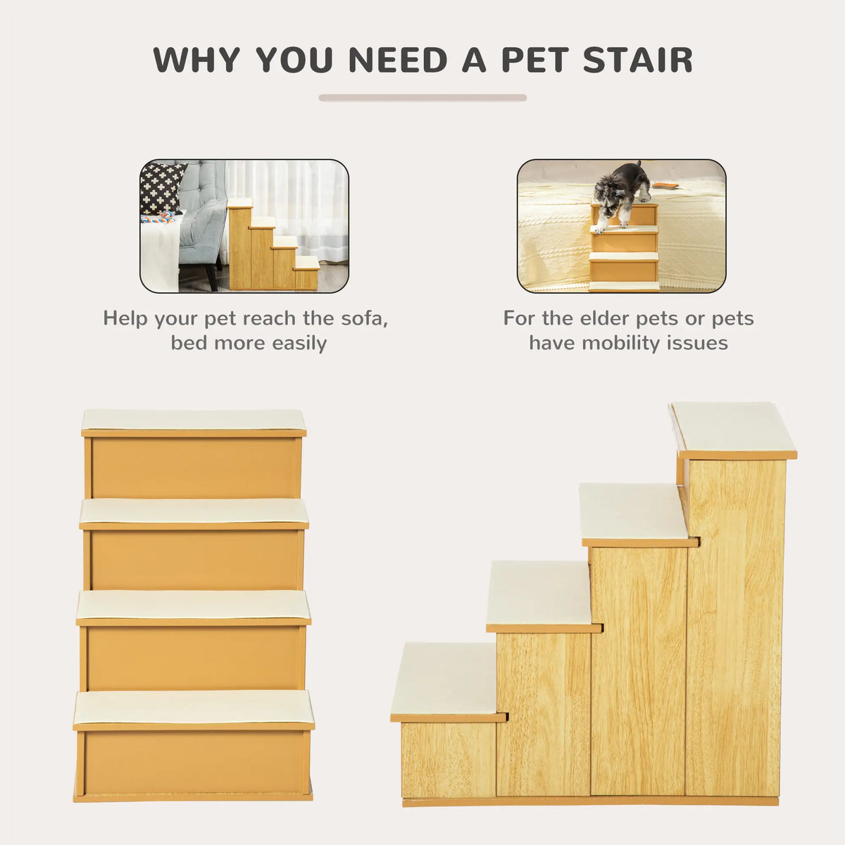 Dog Steps, Pet Stairs for Bed, Cat Ladder for Couch, Non-Slip Carpet, 15.7" x 23.2" x 21.3", Natural Wood Dog Stairs at Gallery Canada