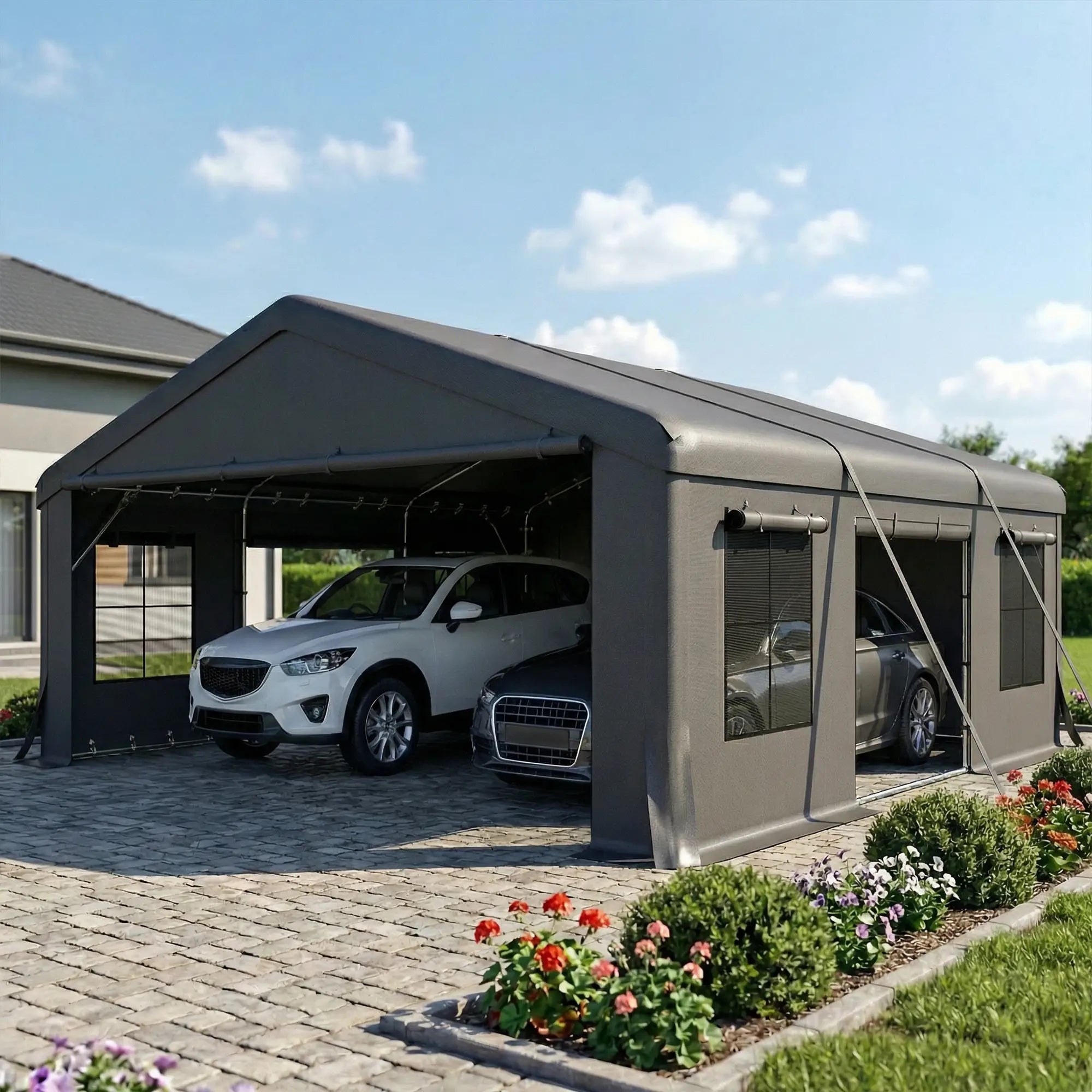 20' x 20' Heavy Duty Carport, Portable Garage Canopy Tent, Dark Grey Car Shelters at Gallery Canada