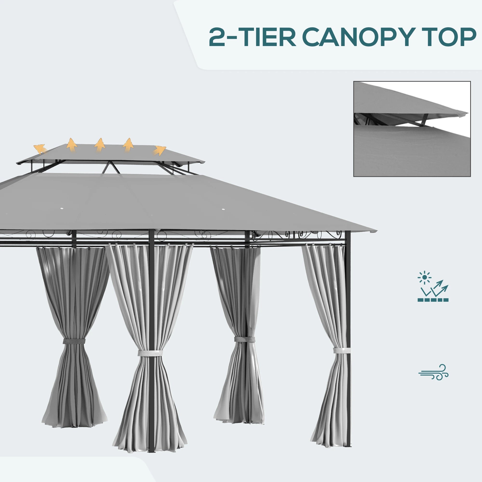 10' X 13' Patio Gazebo 2-Tiers Canopy With Curtains, Dark Grey Gazebos at Gallery Canada