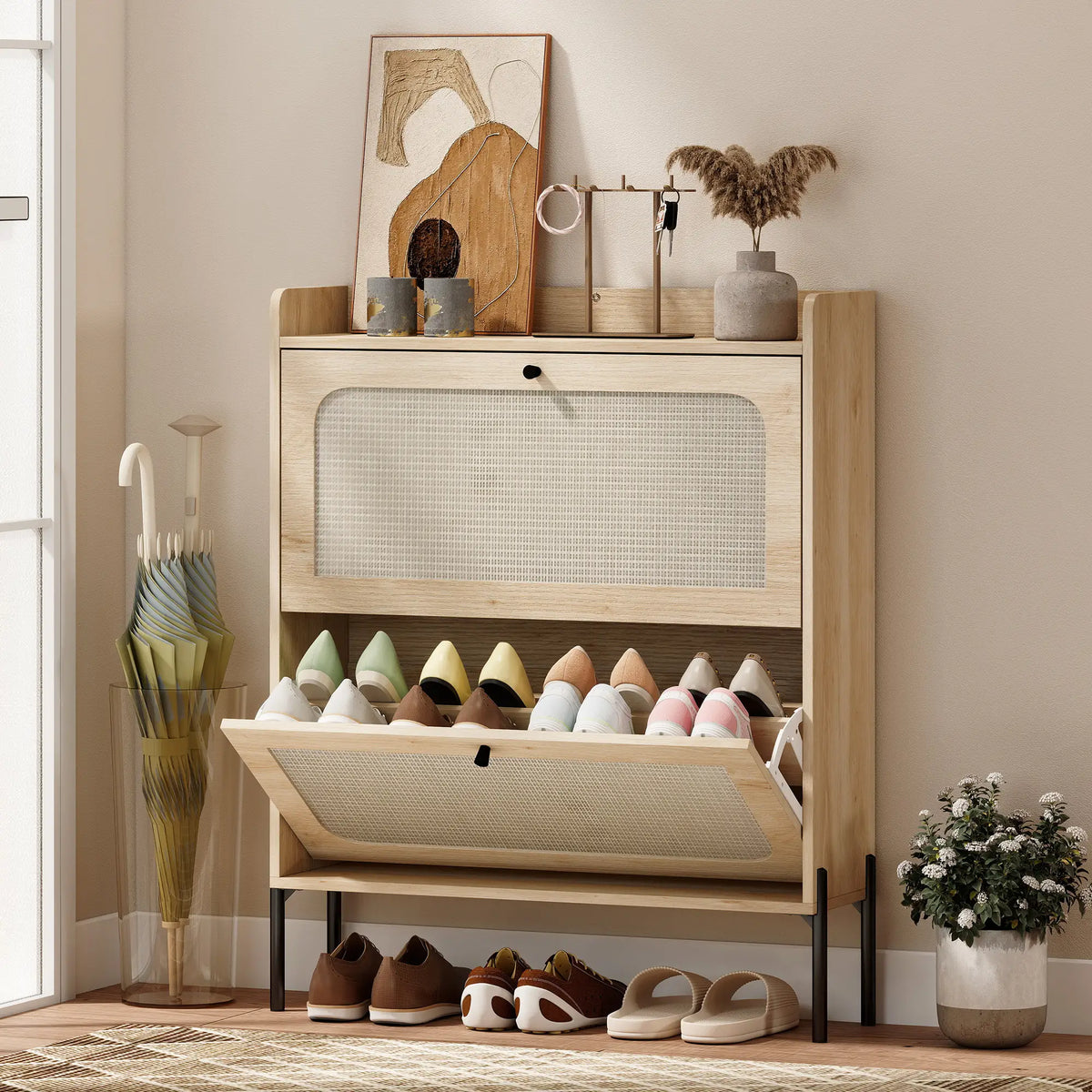 Shoe Cabinet With 2 Flip Drawers, Narrow Storage, Oak Shoe Storage Cabinets & Racks at Gallery Canada