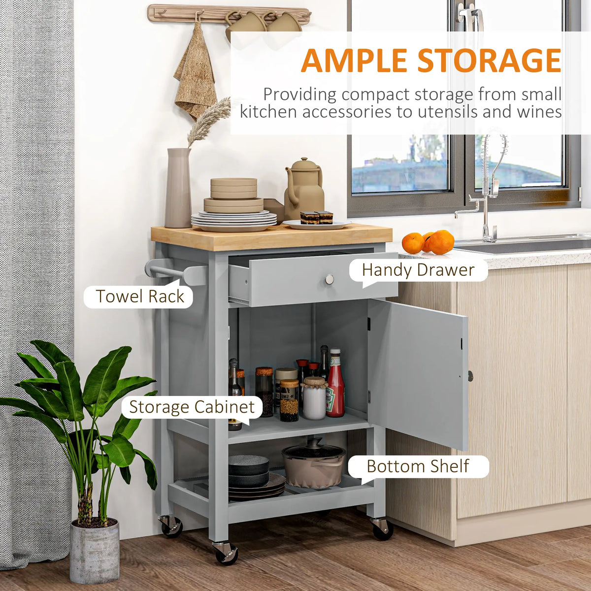 Kitchen Cart on Wheels, Wood Top, Towel Rack, Drawer, Shelf, Grey Kitchen Islands & Kitchen Carts at Gallery Canada