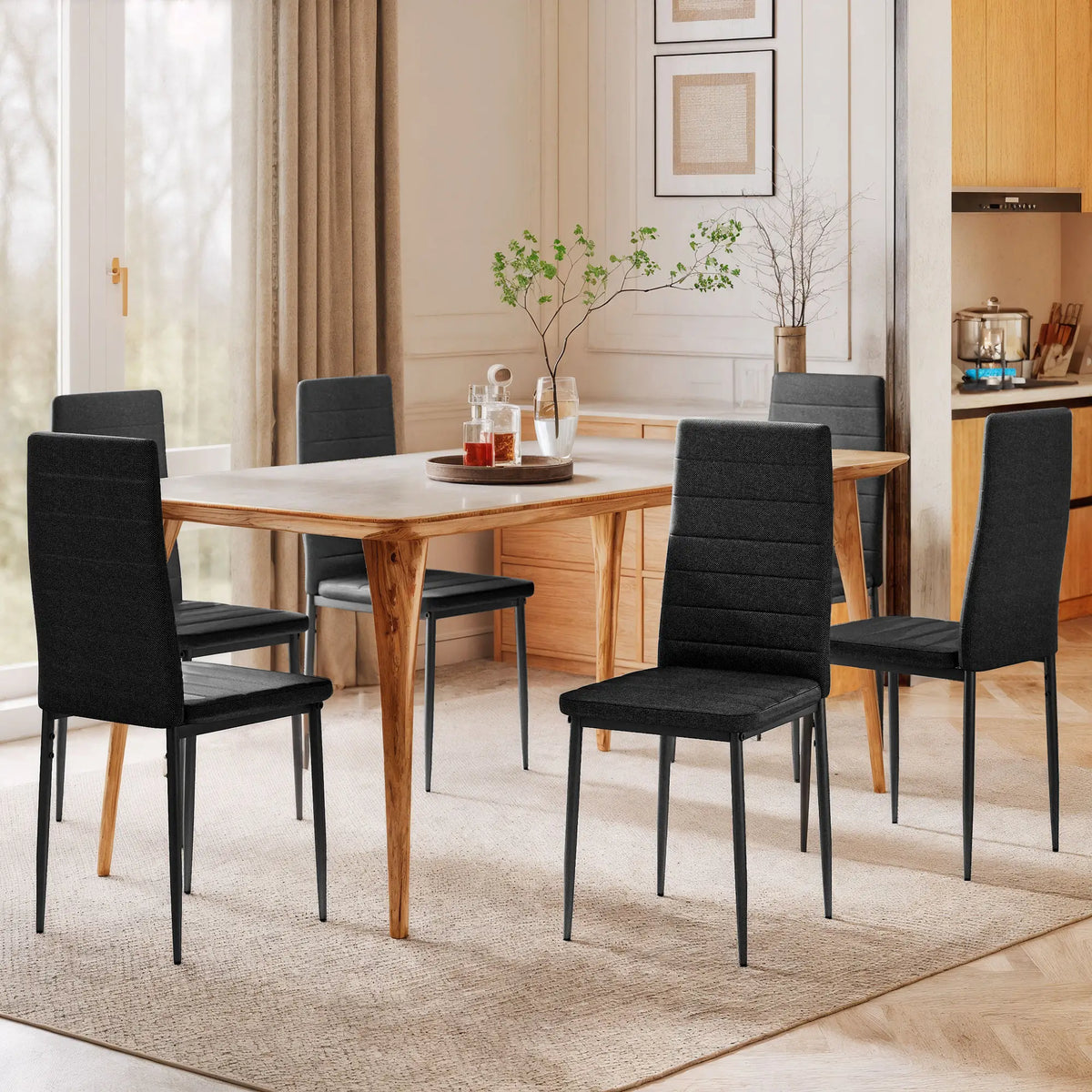 Modern High Back Dining Chairs, PU Leather Upholstered, Set of 6, Black