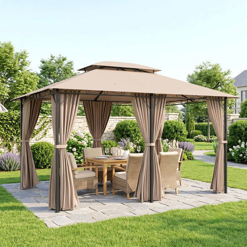 10' x 13' Patio Gazebo, Outdoor Garden Canopy with Curtains, Khaki