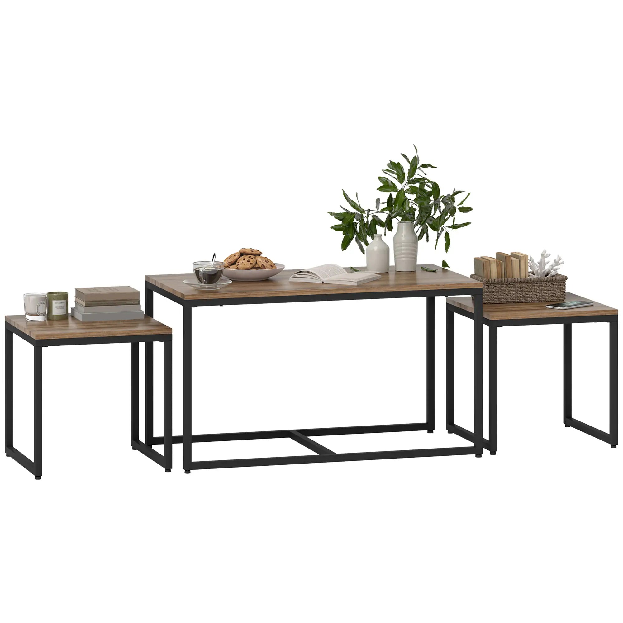 Nesting Coffee Table Set of 3, Black Metal Frame, 3-Piece, Brown Coffee Tables Brown Wood Grain, Black at Gallery Canada