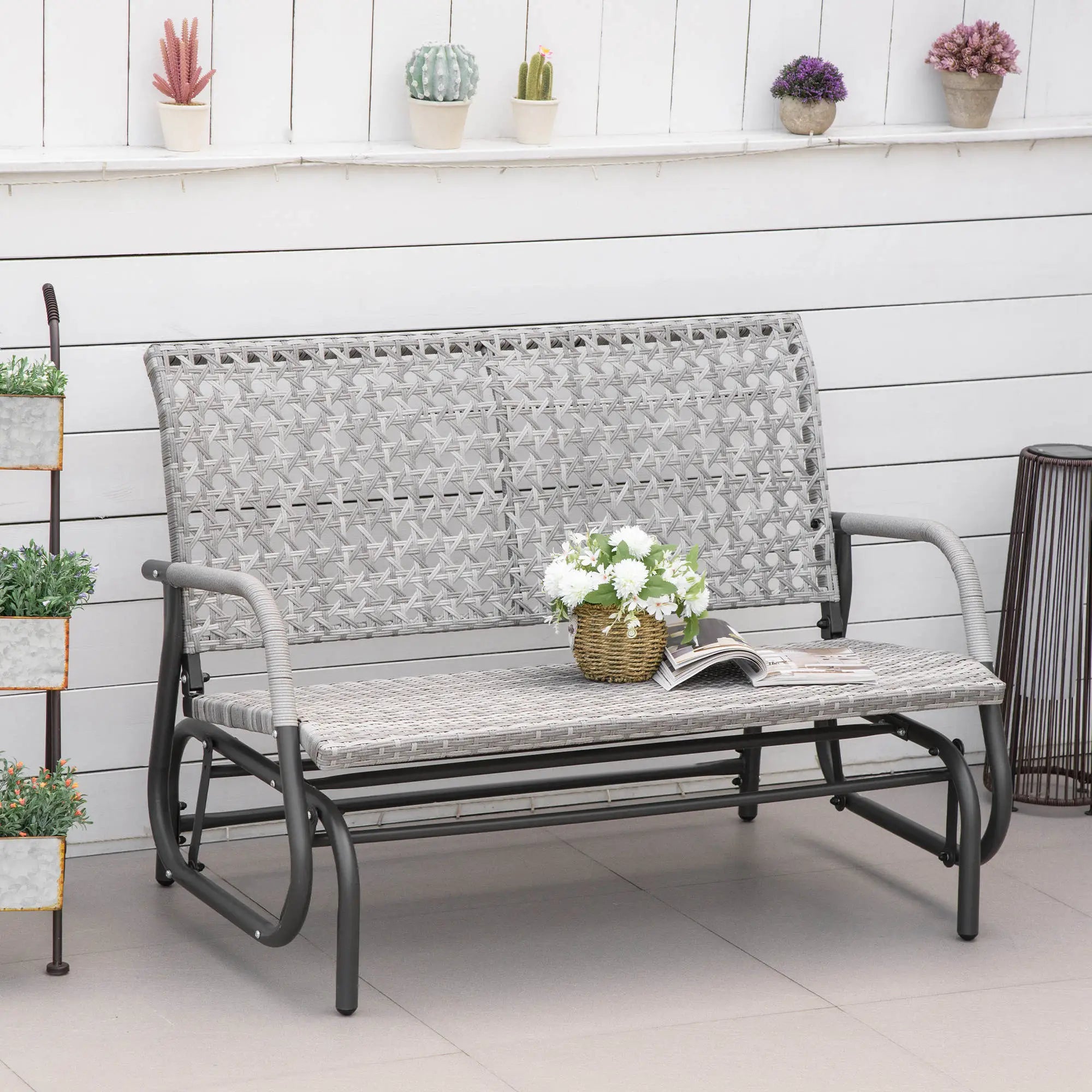 2 Seater Wicker Outdoor Glider Bench, Garden Loveseat, Mixed Grey Outdoor Gliders at Gallery Canada