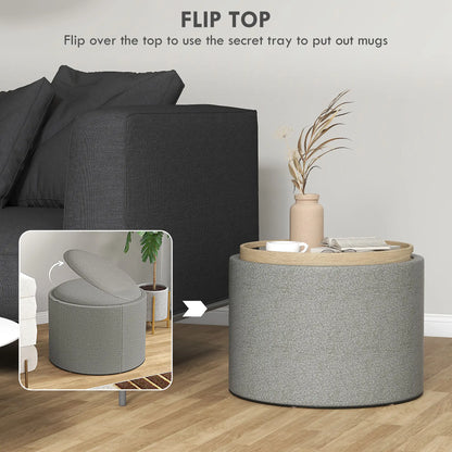 Round Coffee Table, Hidden Storage, Tray Top, Upholstered Footrest, Linen Coffee Tables at Gallery Canada