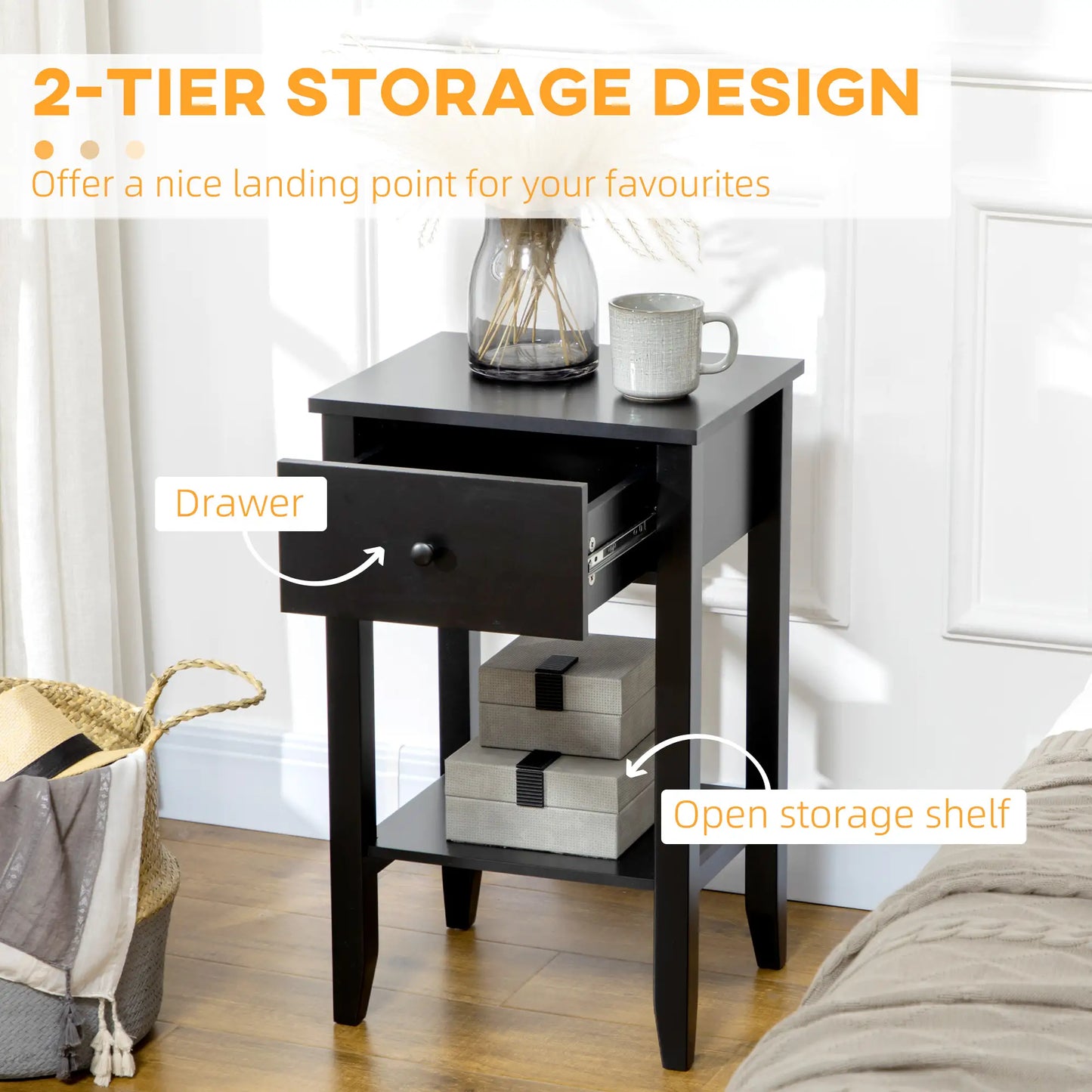 Side Table Set of 2, End Tables with Drawer, 2-Tier Nightstand, Black Side Tables at Gallery Canada