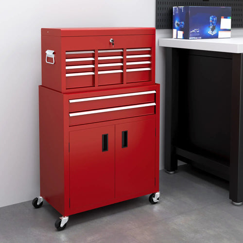 6-Drawer Rolling Tool Chest, 2 in 1 Lockable Storage Cabinet, Red