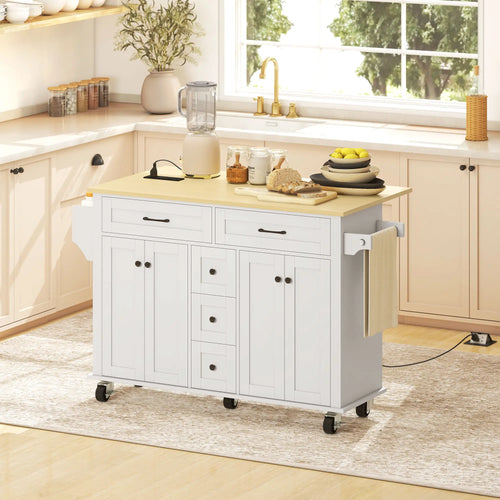 Kitchen Island Cart with Power Outlet, Drop Leaf, 55 Inch, White