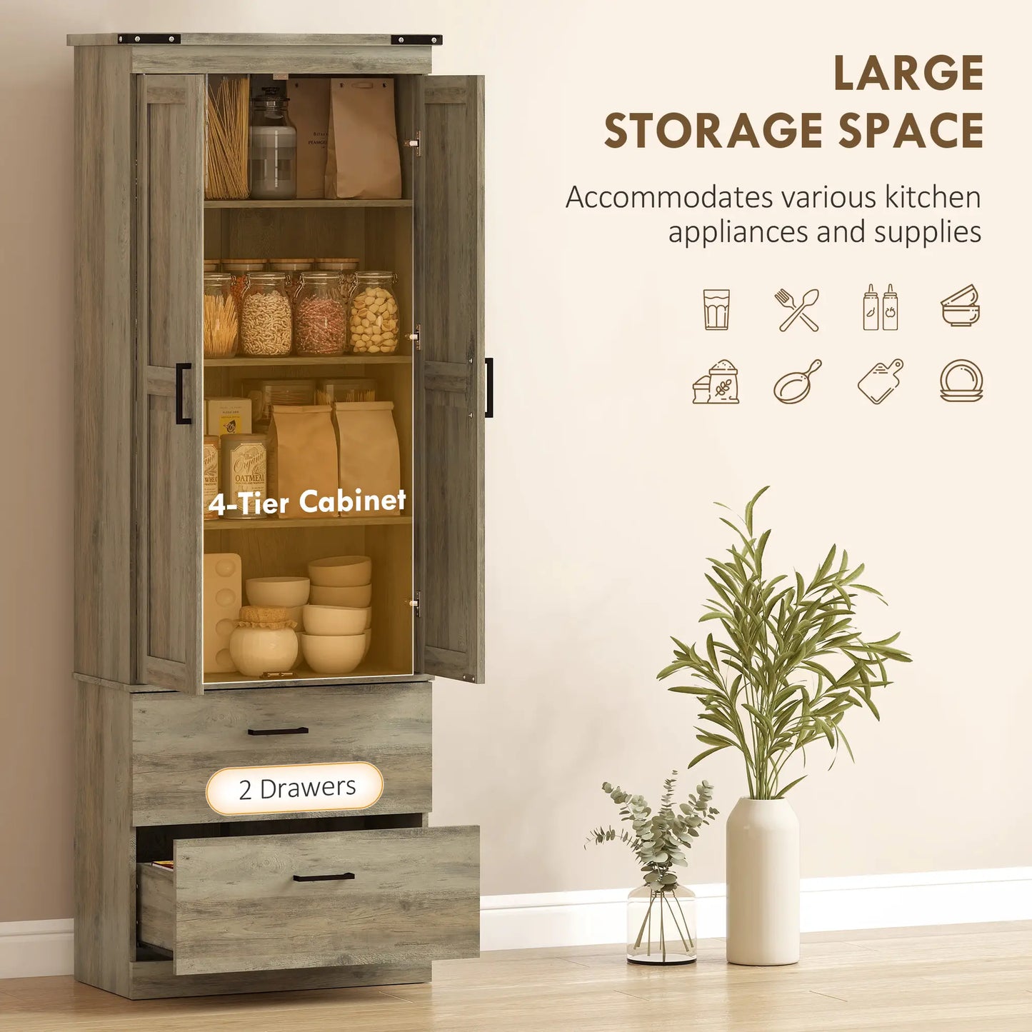67" Tall Kitchen Pantry Cabinet, Doors, Drawers, Adjustable Shelves, Grey Brown Kitchen Pantry Cabinets at Gallery Canada