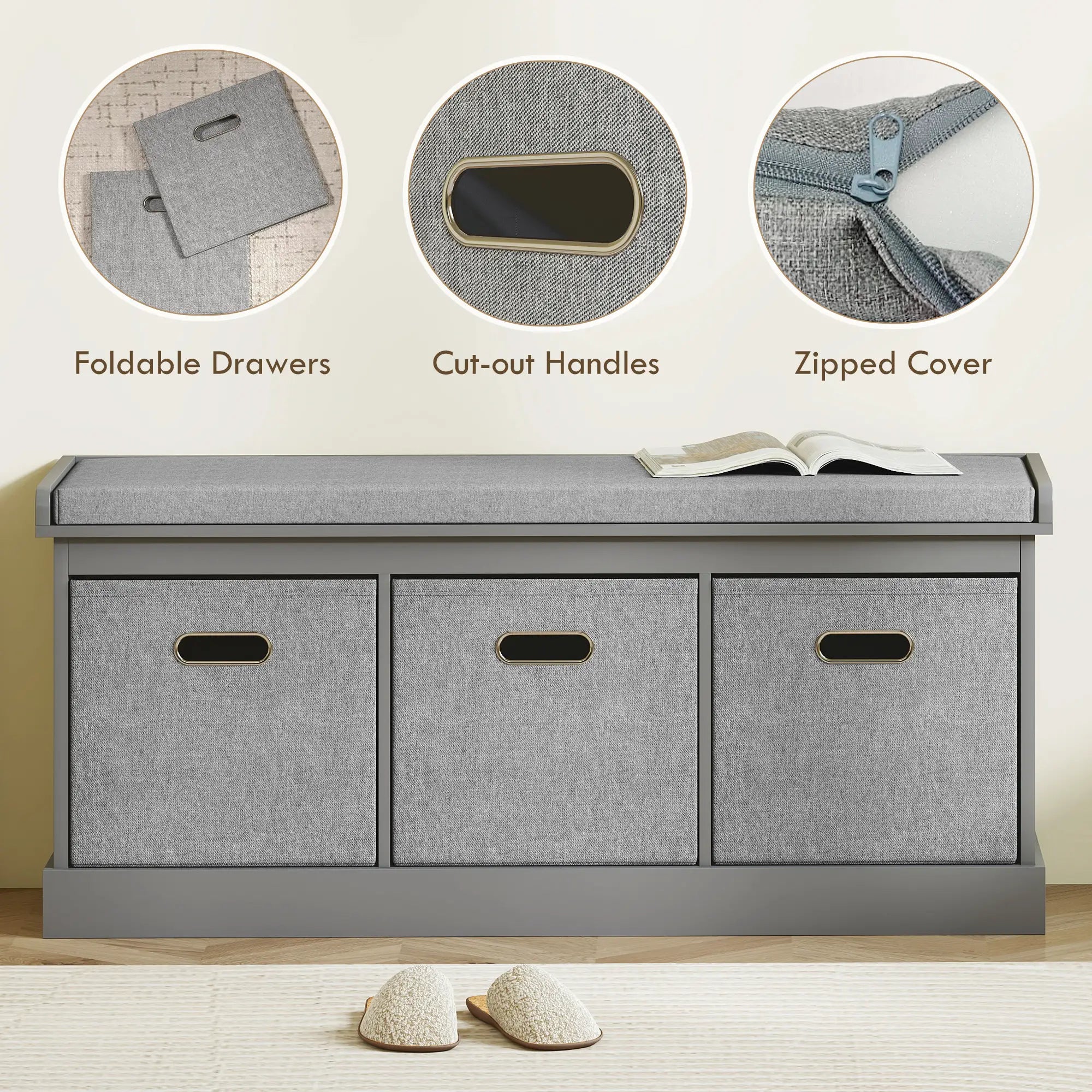 Shoe Storage Bench with Seat, 3 Fabric Drawers, Dark Grey Shoe Storage Cabinets & Racks at Gallery Canada