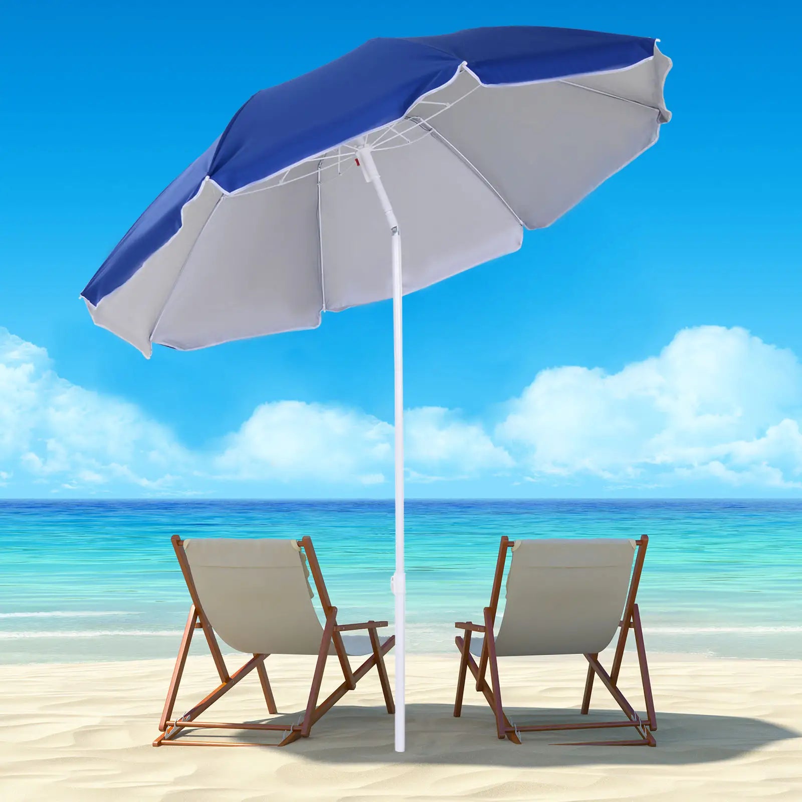 6.7ft Beach Umbrella, Push Button Tilt, Ruffled, Blue Beach Umbrellas at Gallery Canada