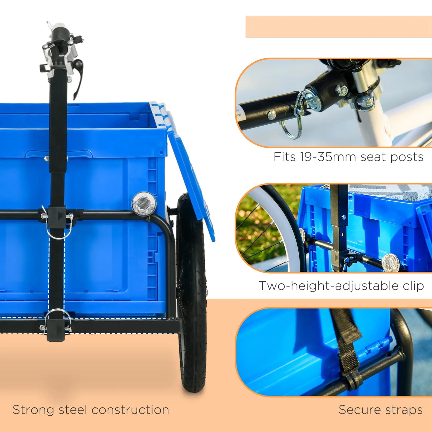 Steel Bike Trailer, Foldable Storage Box, Safe Reflectors, Max Load 88LBS, Blue Bike Cargo Trailers at Gallery Canada