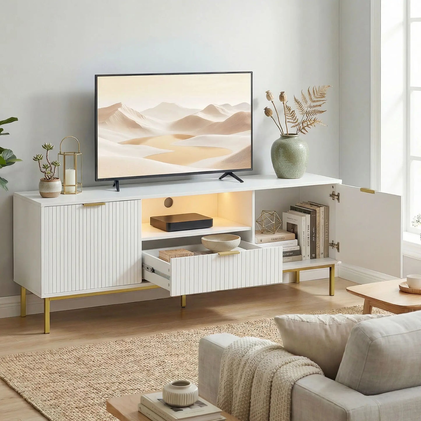 TV Console For 50 Inch TVs, Smart RGB LED Lights, Soft Close Doors, White TV Stands at Gallery Canada