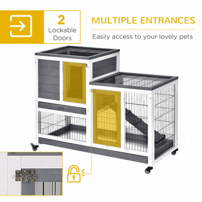 Wooden Rabbit Hutch, Indoor Bunny Cage with Wheels, Pull Out Trays, Run, Grey Rabbit Hutch at Gallery Canada