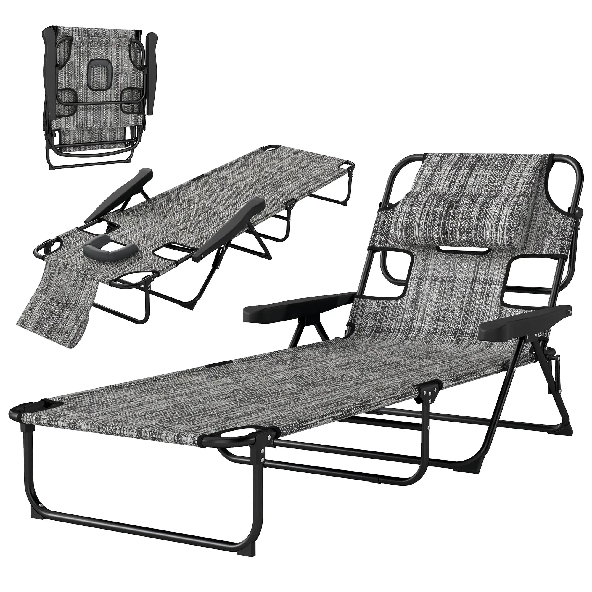 Folding Lounge Chair, Reclining Back, Mixed Grey, Grey Lounger Chairs Black, Mixed Grey at Gallery Canada