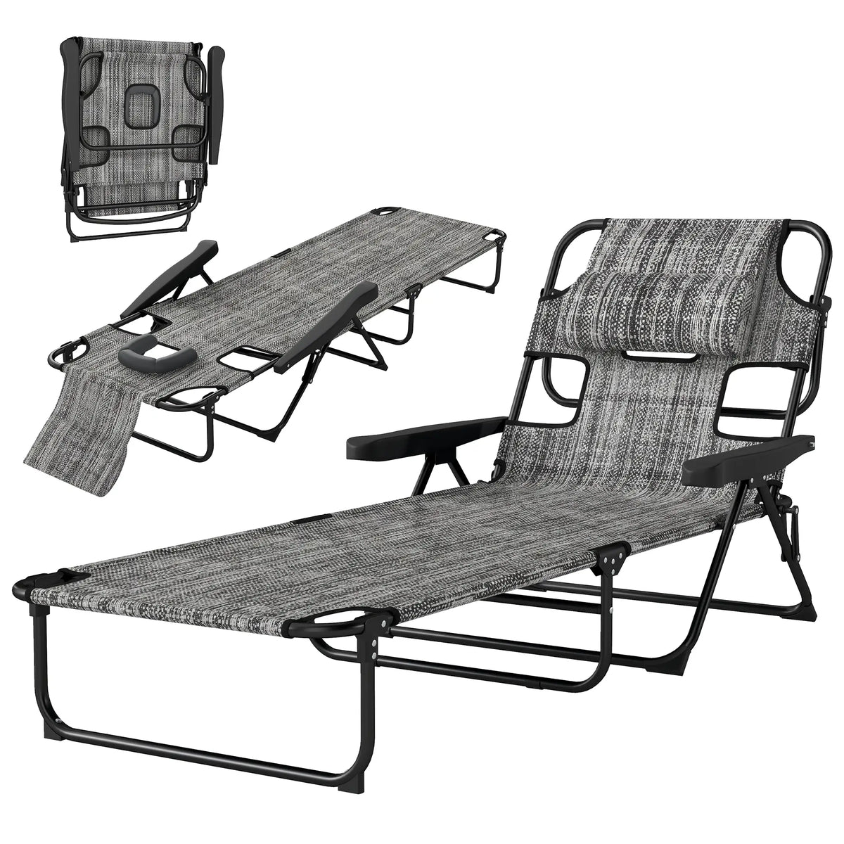 Folding Lounge Chair, Reclining Back, Mixed Grey, Grey Lounger Chairs Black, Mixed Grey at Gallery Canada