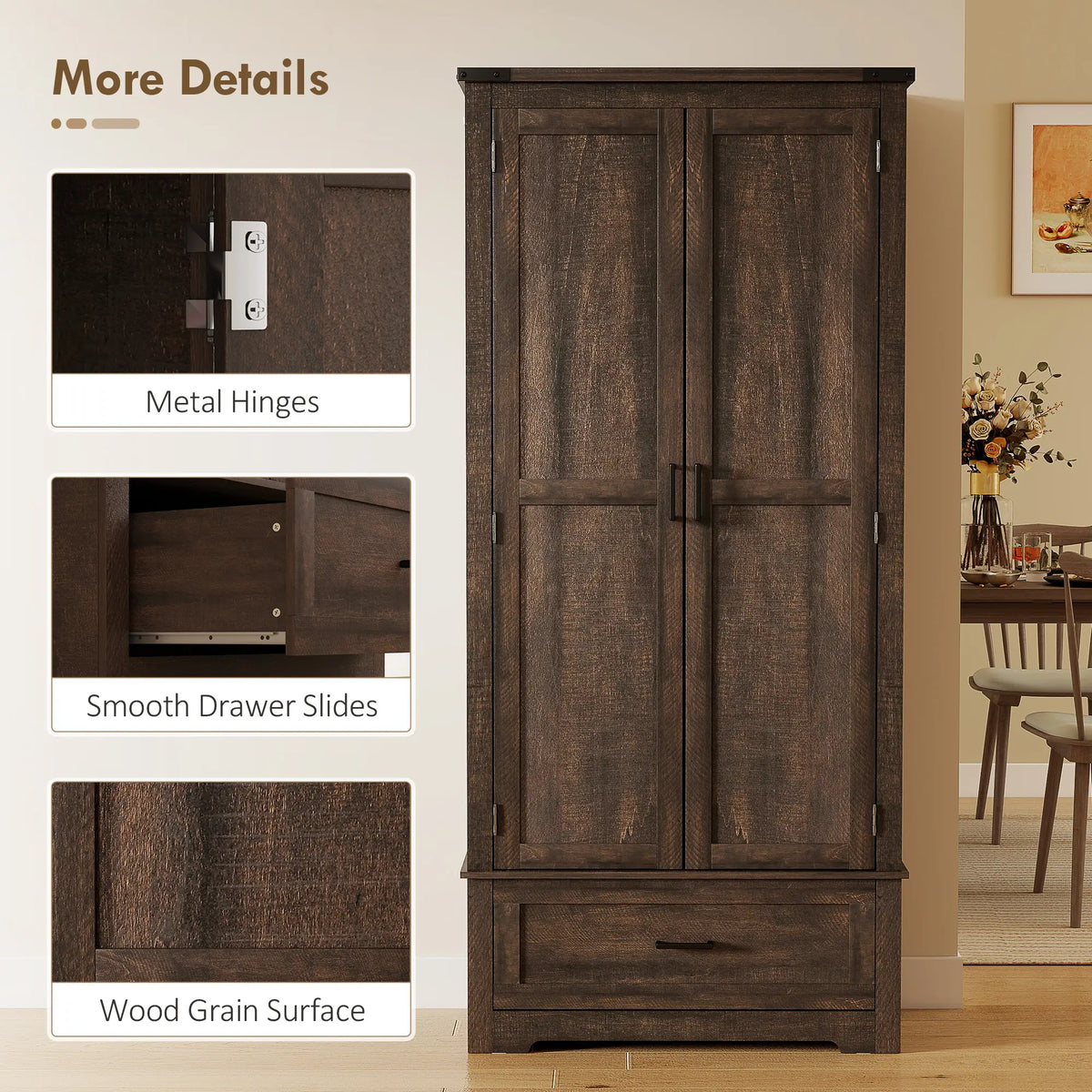 69" Tall Kitchen Pantry Cabinet, 2 Doors, Drawer, Adjustable Shelves, Dark Brown Kitchen Pantry Cabinets at Gallery Canada